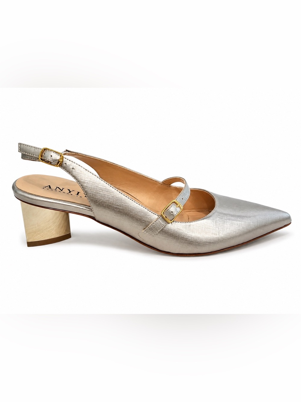Anyi Lu Silver Metallic Pointed Slingback Mary Jane Pumps